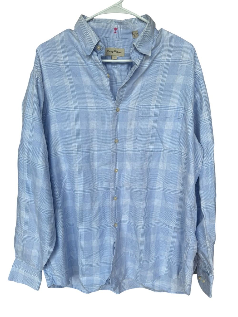 Tommy Bahama 100% Cotton Light Blue Plaid Men's Button-Up Shirt 16 34/35